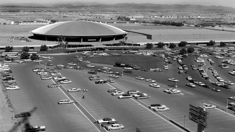 black and white exterior view of a large convention center
